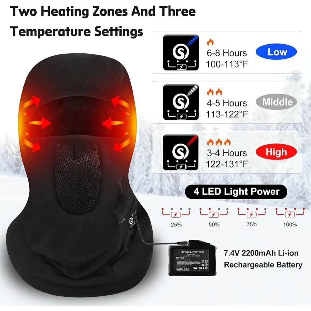 Men Black Day Wolf Heated Ski Mask Balaclava Smart Winter Face Mask Unisex